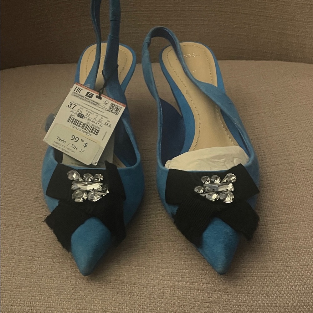 Zara Blue Slingback Heels with Black Bow